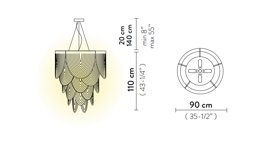 Технические данные и чертежи Люстра с ажурной отделкой ручной работы из прозрачного стекла Slamp - Ceremony
