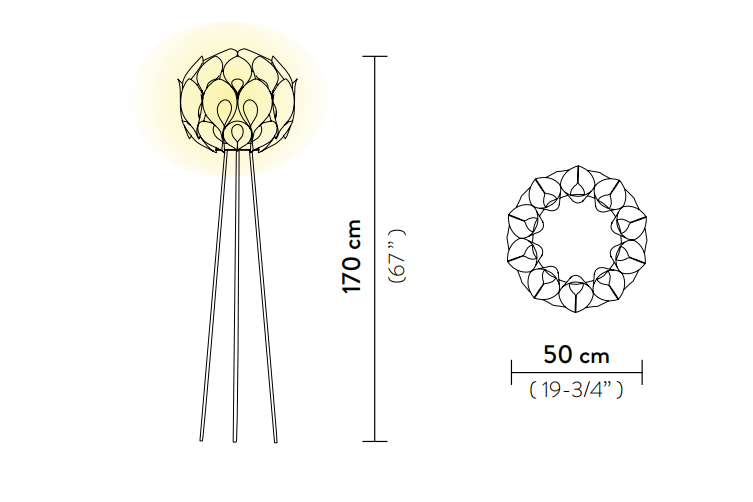 Технические данные и чертежи Торшер на треноге из металла в черной матовой покраске и золотой абажур Slamp - Flora