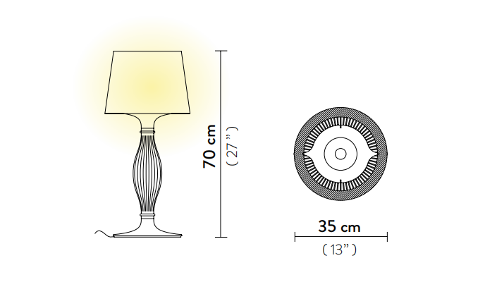 Технические данные и чертежи Настольная лампа с подсветкой корпуса и абажура в дымчатом цвете Slamp - Liza