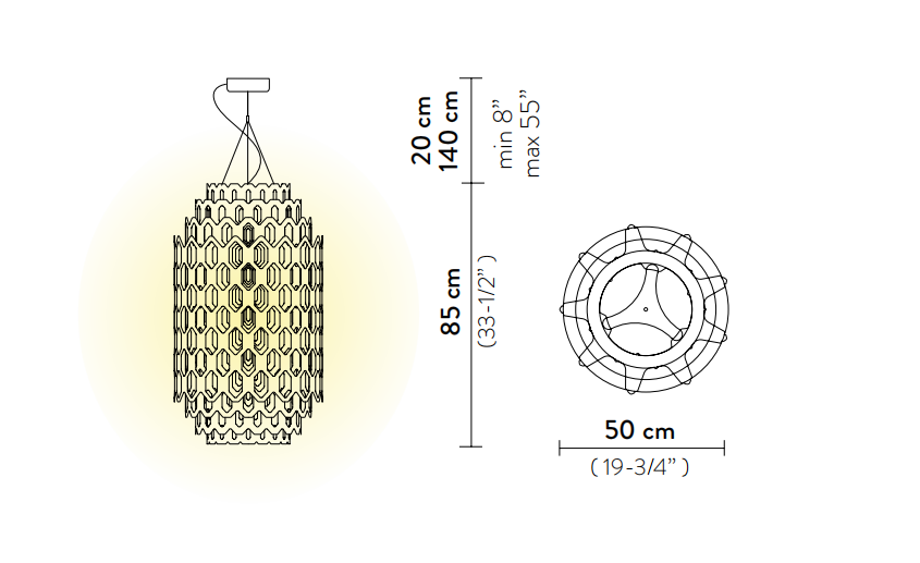 Технические данные и чертежи Подвесной светильник на металлическом тросе Slamp - Chantal