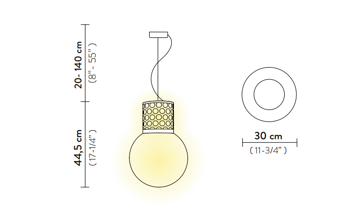 Технические данные и чертежи Подвесной светильник с двумя источниками света в диффузоре и в основании Slamp - Atmosfera