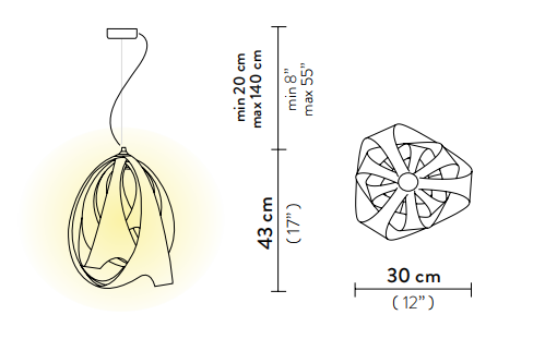 Технические данные и чертежи Светильник с мягкими линиями с источником света на тонком подвесе Slamp - Goccia