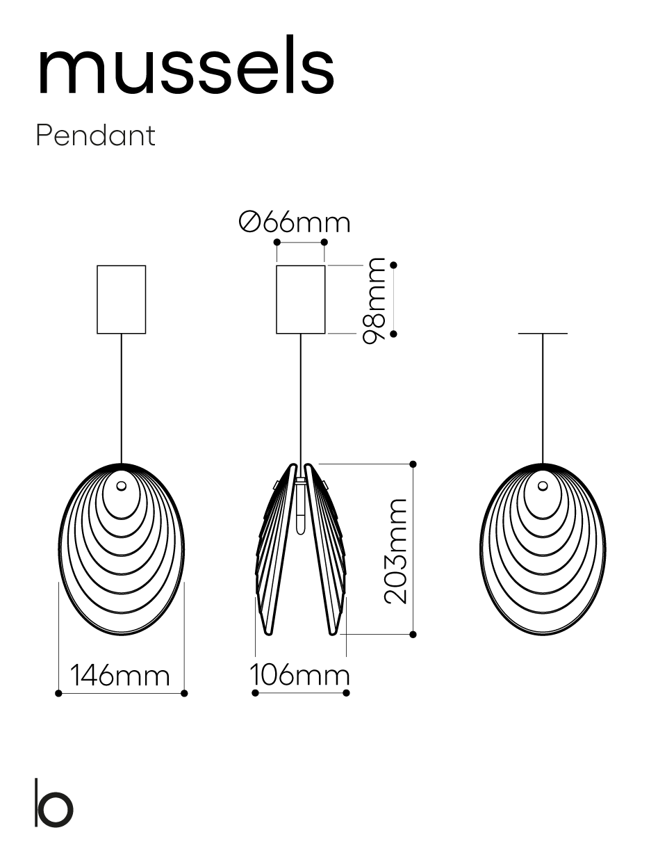 Технические данные и чертежи Подвесные светильники Mussels Fume Pearl от фабрики Bomma