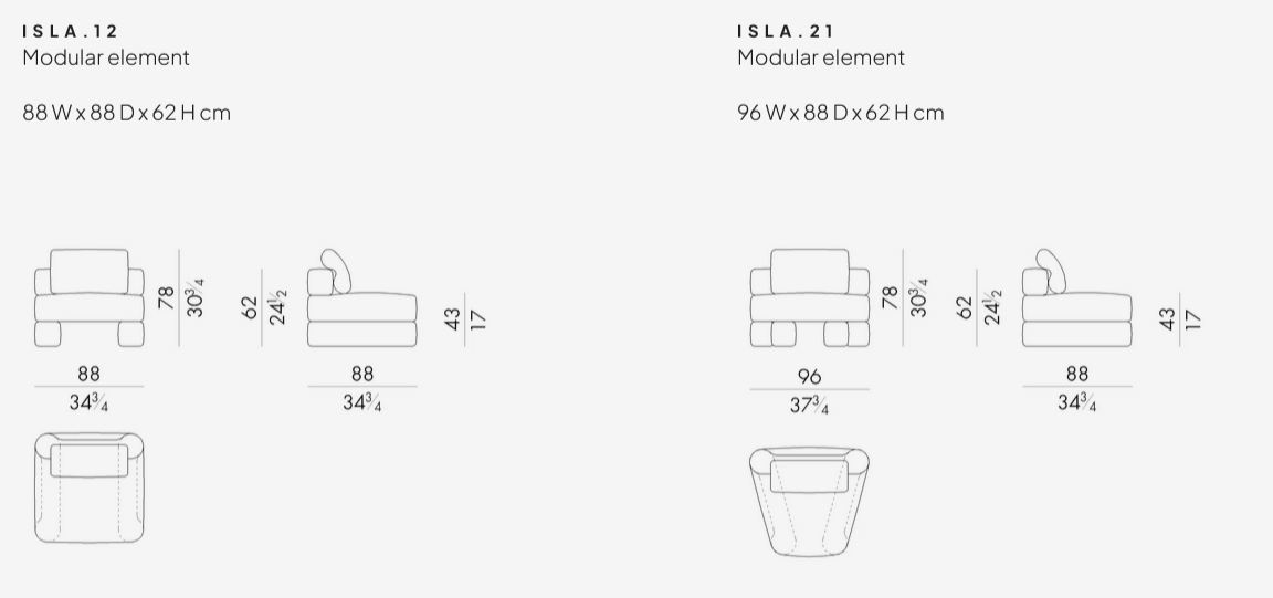 Технические данные и чертежи Модульный диван Isla от Hessentia