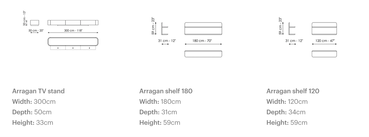 Технические данные и чертежи Тв-тумба и полка Arragan от Bonaldo