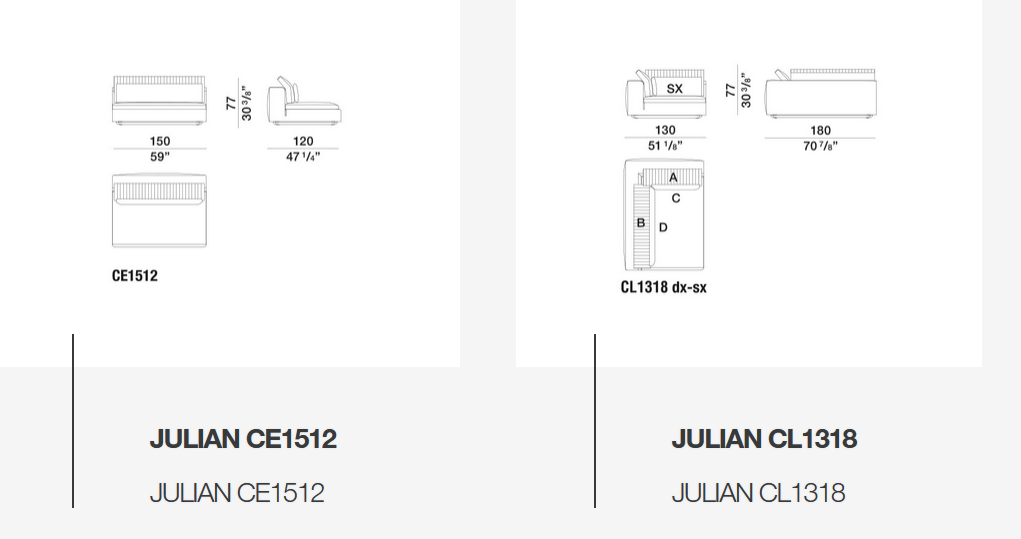 Технические данные и чертежи Диван Julian от Molteni&C