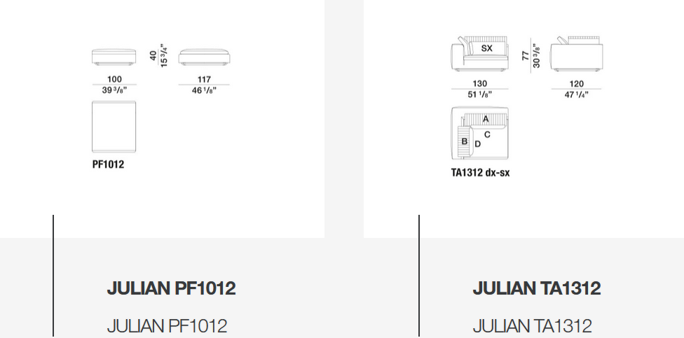 Технические данные и чертежи Диван Julian от Molteni&C