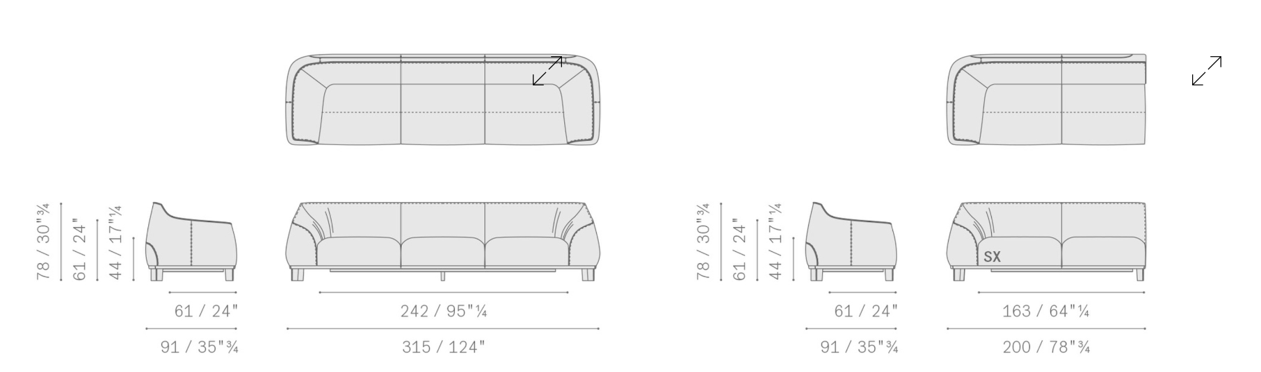 Технические данные и чертежи Модульный диван Archibald от Poltrona Frau