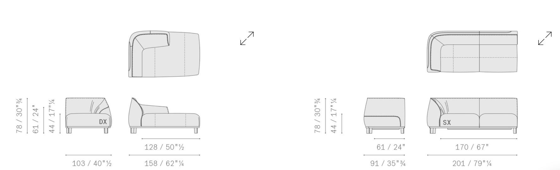 Технические данные и чертежи Модульный диван Archibald от Poltrona Frau