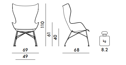 Технические данные и чертежи Кресло на металлических высоких ножках Kartell - K Wood