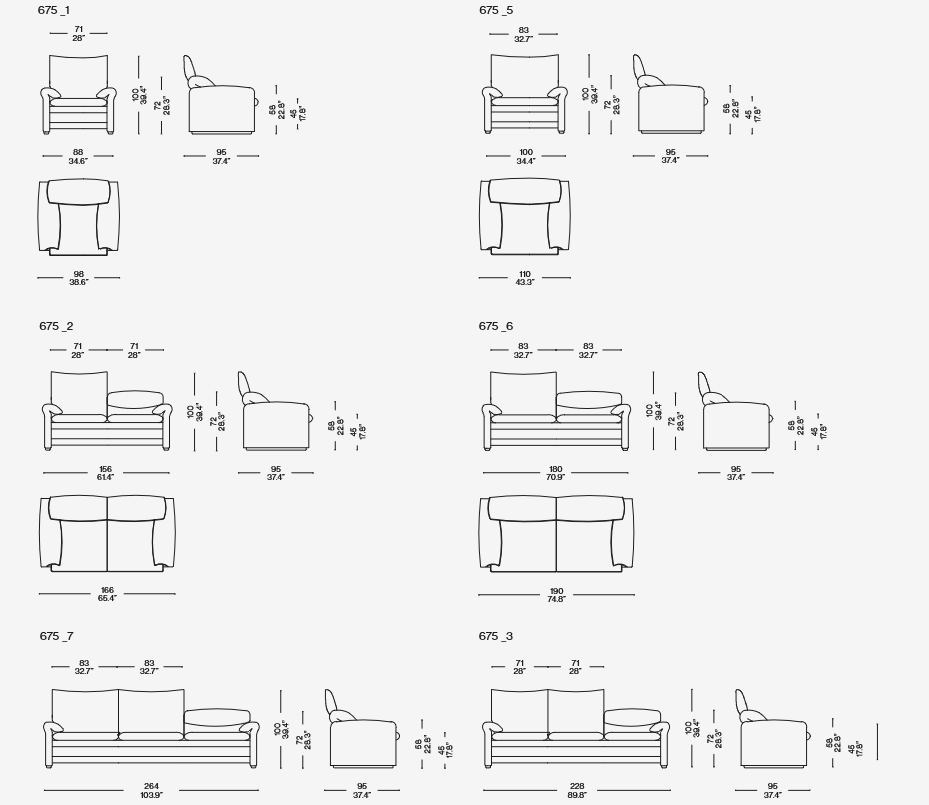 Технические характеристики и чертежи Cassina 3 Seaters – Version 40S Removable Cover Технические характеристики и чертежи Cassina 3 Seaters – Version 40S Removable Cover