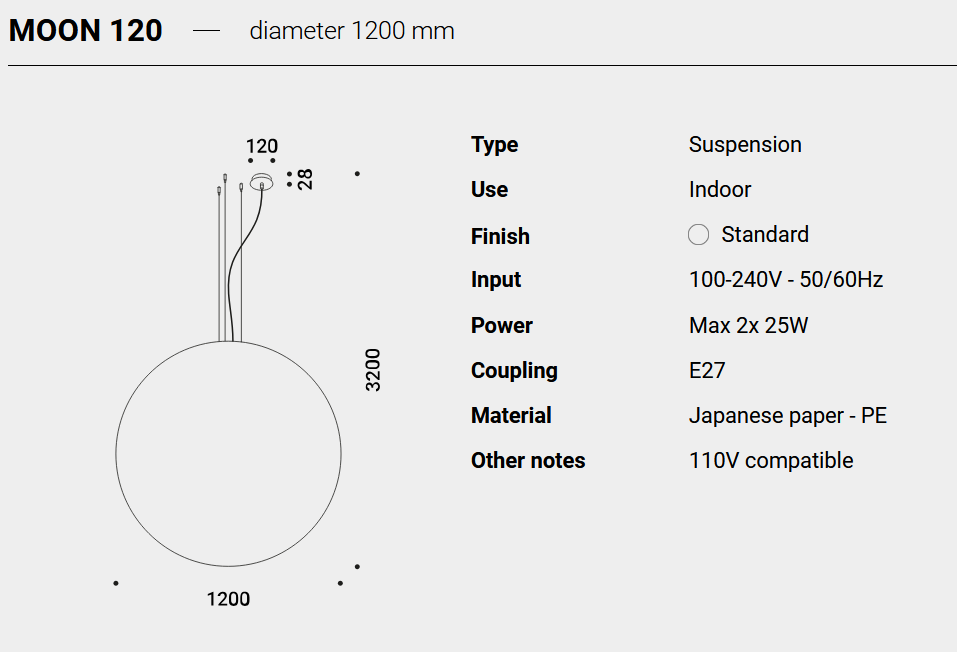 Технические характеристики и чертежи Davide Groppi Moon 120/200 Pendant Lamp Технические характеристики и чертежи Davide Groppi Moon 120/200 Pendant Lamp