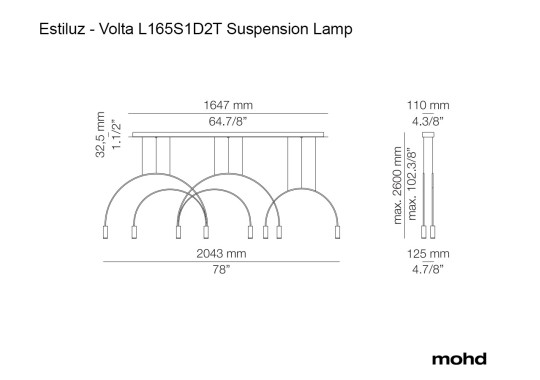 Технические характеристики и чертежи Estiluz Volta L165S1D2T Suspension Lamp Black Surface Canopy