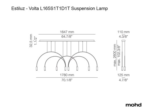 Технические характеристики и чертежи Estiluz Volta L165S1T1D1T Suspension Lamp Black Surface Canopy