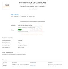 Сертификат подлинности качества Italamp